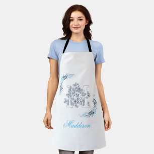 Tablier Initiale "M" Monogramme Bleu Calme Floral