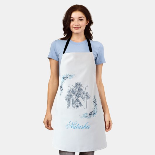 Tablier Initiale "N" Monogramme bleu Calme Floral (Porté)