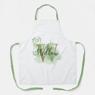 Tablier Initiale personnalisée verte aquarelle et florale 