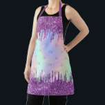 Tablier Initiales en monogramme holographique rose parties<br><div class="desc">Un arc-en-ciel,  un arrière - plan holographique de couleur unicorne. Décoré avec des gouttes de faux parties scintillant violet,  la peinture goutte à goutte. Personnalisez et ajoutez vos initiales monogrammes,  lettres violettes. Le monogramme comme motif arrière - plan.</div>