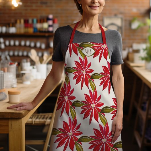 Tablier Initiales rouge vert de Noël classique Poinsettia