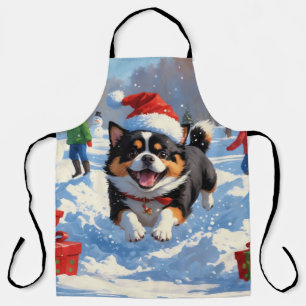 Tablier Japanese Chin courant dans la neige avec un chapea