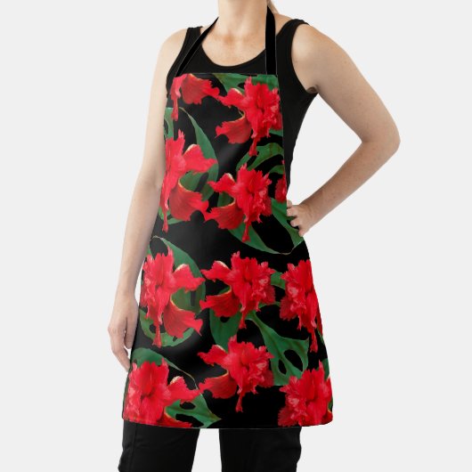 Tablier Jardin Hibiscus Monstera Motif Black Apron (Insitu)