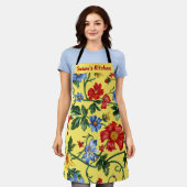 Tablier Jaune avec floral rouge et bleu (Porté)