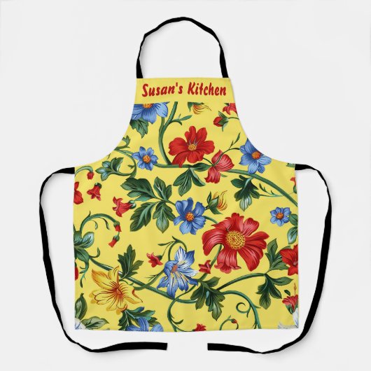 Tablier Jaune avec floral rouge et bleu (Recto)