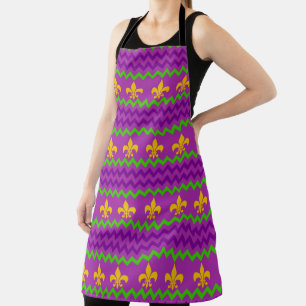 TABLIER JAUNE MARDI GRAS FLEUR DI LIS PURPLE GREEN STRIPE