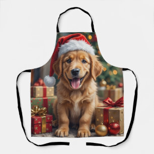 Tablier Jeune chiot Golden Retriever au premier Noël festi