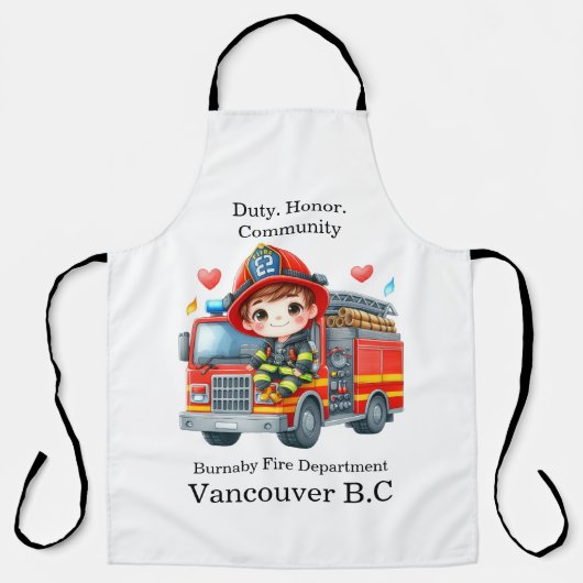 Tablier Jeune pompier joyeux sur camion rouge (Recto)