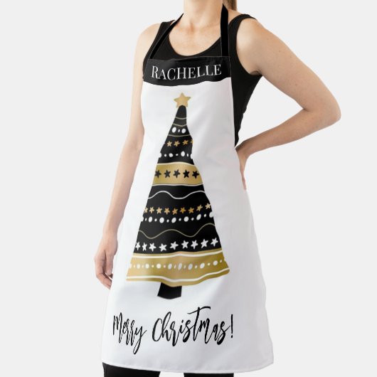 Tablier Joli arbre de Noël noir et or personnalisé (Insitu)