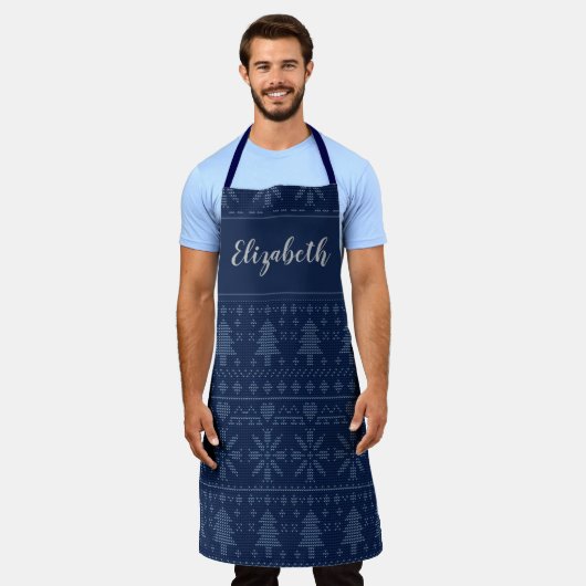 Tablier Joli bleu foncé Noël Arbre neige Motif (Porté)