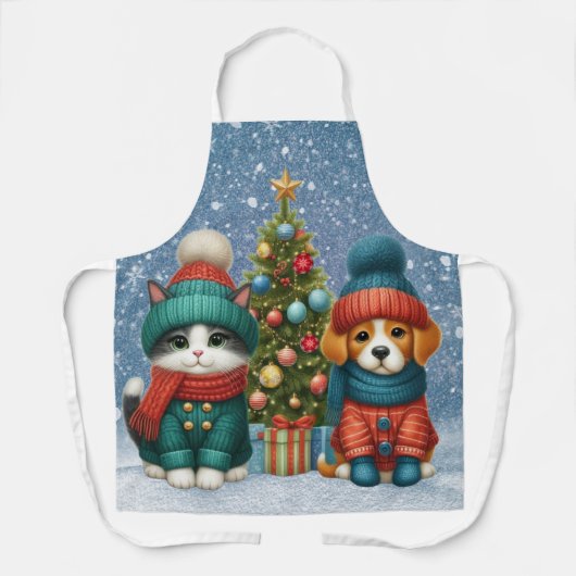 Tablier Joli chiot de Noël & chaton (Recto)