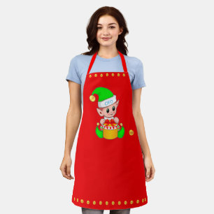 Tablier Joli elfe de Noël et confettis dorés sur fond roug
