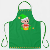 Tablier Joli elfe de Noël et confettis dorés sur fond vert (Recto)