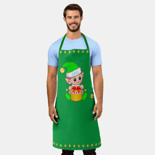 Tablier Joli elfe de Noël et confettis dorés sur fond vert