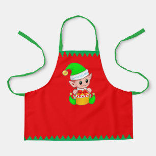 Tablier Joli elfe de Noël et rayures vertes sur fond rouge