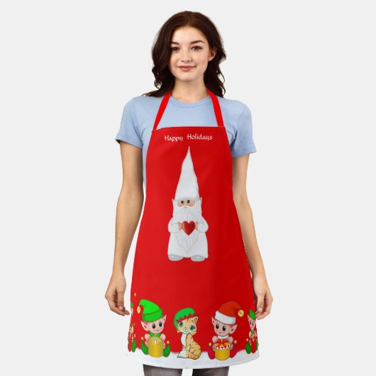 Tablier Joli Gnome de Noël et Escouade d'elfes en rouge (Porté)