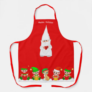 Tablier Joli gnome de Noël et escouade d'elfes sur fond ro