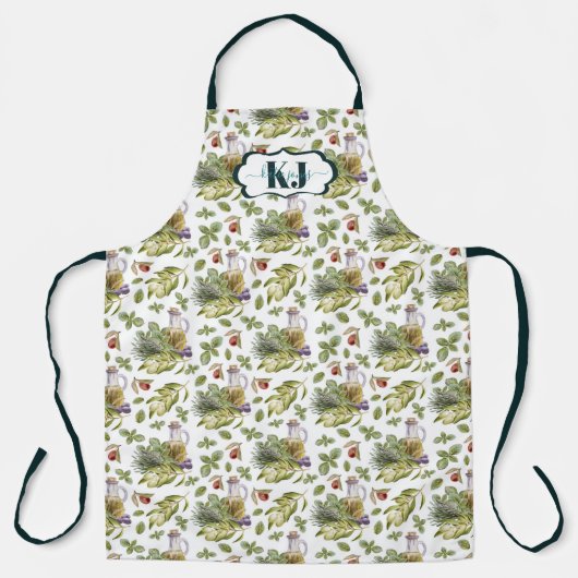Tablier Joli Motif d'huile d'olive aquarelle | Monogramme (Recto)