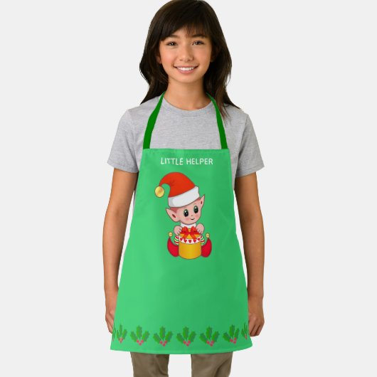 Tablier Joli Noël petit elfe d'aide sur vert (Insitu)