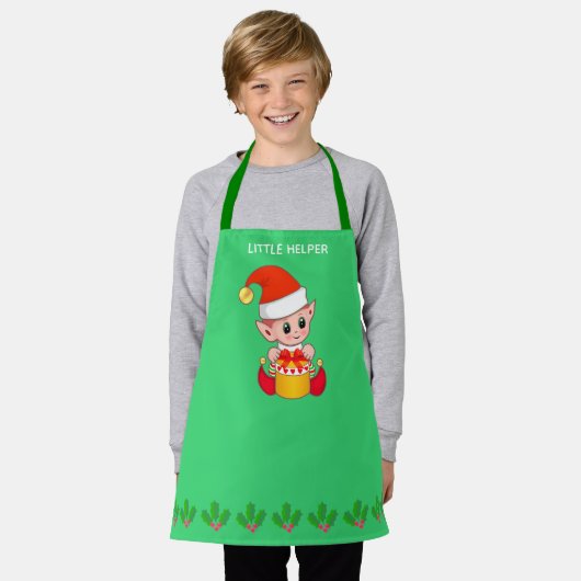 Tablier Joli Noël petit elfe d'aide sur vert (Porté)