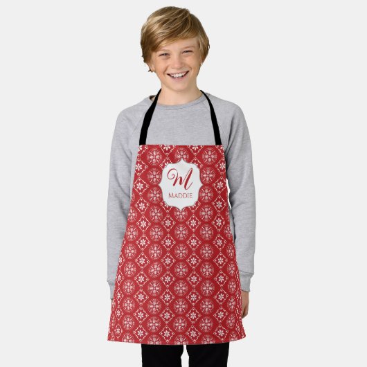 Tablier Joli Noël Rouge Monogramme Simple Flocon de neige (Porté)