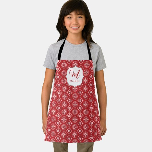 Tablier Joli Noël Rouge Monogramme Simple Flocon de neige (Insitu)