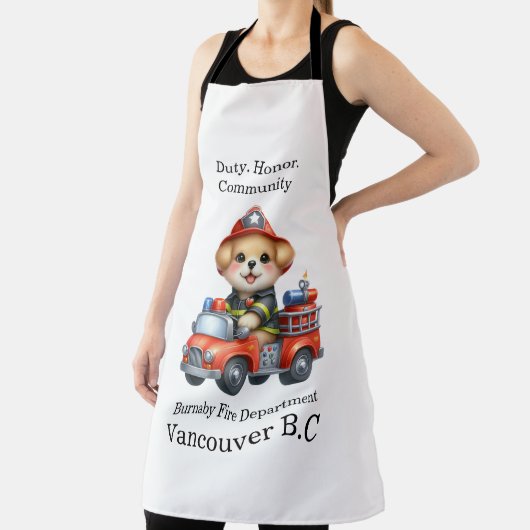 Tablier Joli pompier à chiot sur un camion rouge vif (Insitu)