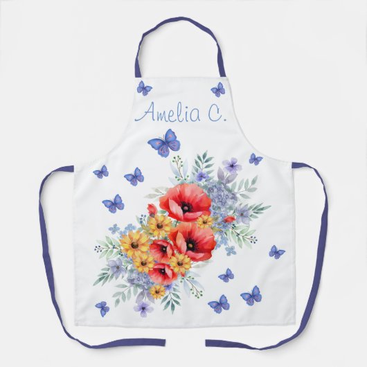 Tablier Joli Poppies rouges, tournesols et papillons (Recto)