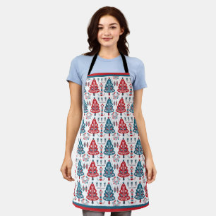 Tablier Joli Sapin de Noël Rouge Bleu Art Populaire Scandi