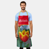 Tablier Jolie Tulipe Florale Rouge Jaune Femme Apron (Porté)