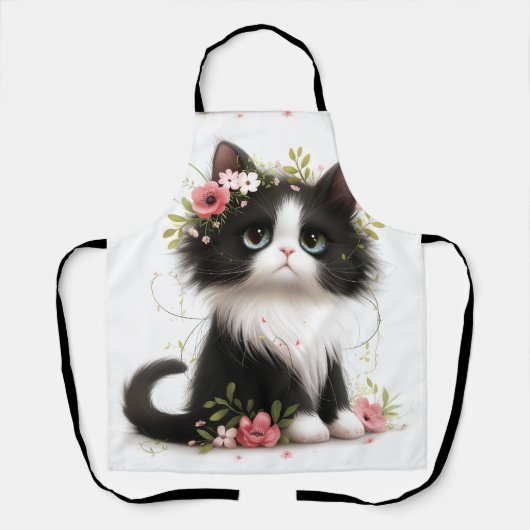Tablier Jolie Tuxedo Kitten avec Fleurs (Recto)