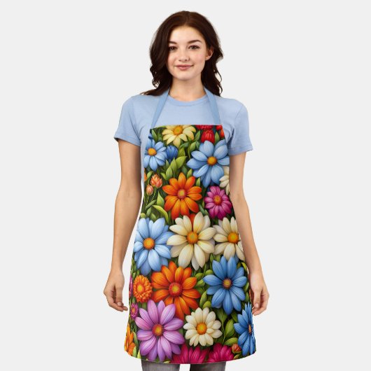 Tablier Jolies fleurs, aux couleurs vives, (Porté)