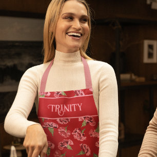 Tablier Jolies oeillets roses sur rouge Personnalisé