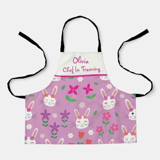Tablier Jolis lapins avec fleurs chef en formation (Recto)