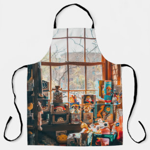 TABLIER JOUETS PLEINS ASSORTIS SUR PLATEAU EN BOIS BROWN
