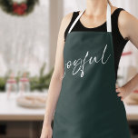 Tablier Joyeuse élégante calligraphie blanche foncé vert<br><div class="desc">Joyeuse élégante calligraphie blanche Vert foncé avec des sangles blanches.</div>