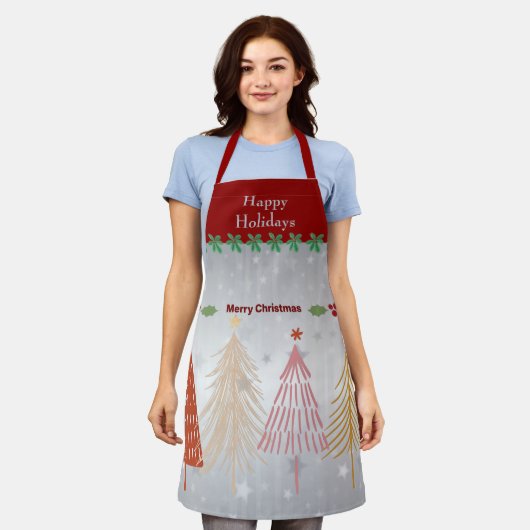 Tablier Joyeuses fêtes, argent festif et rouge de Noël, (Porté)