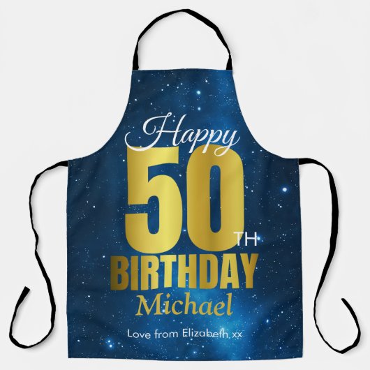 Tablier Joyeux 50e anniversaire Blue Gold Apron (Recto)