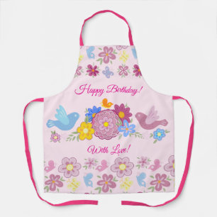 Tablier Joyeux Anniversaire Motif Fleurs Sauvages Oiseaux 