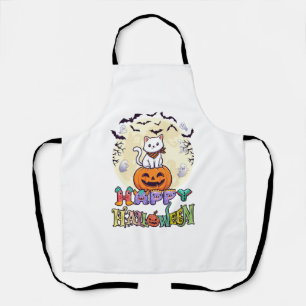 Tablier Joyeux Halloween Chat Blanc Citrouille Lune Chauve