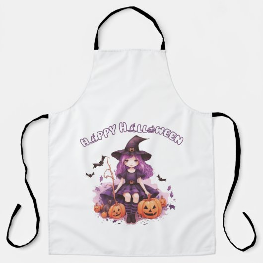 Tablier Joyeux Halloween Purple sorcier Citrouilles et cha (Recto)