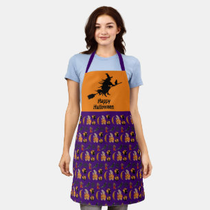 Tablier Joyeux Halloween Sorcière sur un Balai Violet et O