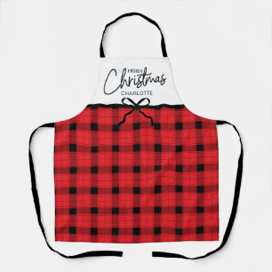 Tablier Joyeux Noël à carreaux rouge et noir personnalisé