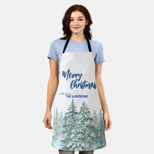 Tablier Joyeux Noël arbres forêt Aquarelle script