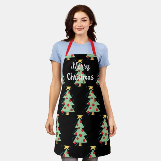 Tablier Joyeux Noël avec Arbres Black Apron (Porté)