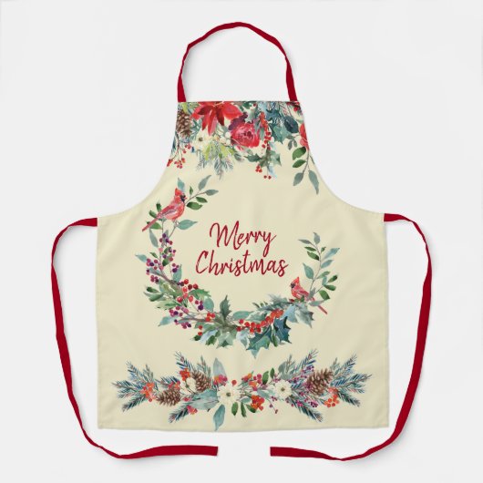 Tablier Joyeux Noël fleuri vert de pin bordeaux (Recto)