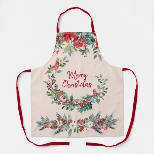 Tablier Joyeux Noël floral bordeaux vert pin (Recto)