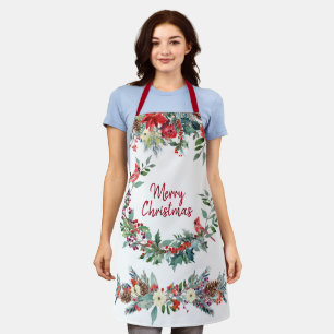 Tablier Joyeux Noël floral bordeaux vert pin blanc