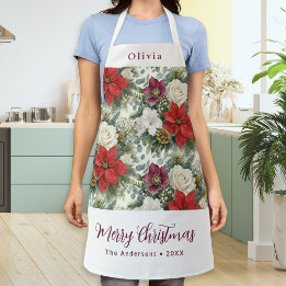 Tablier Joyeux Noël Floral Élégant Nom Personnalisé