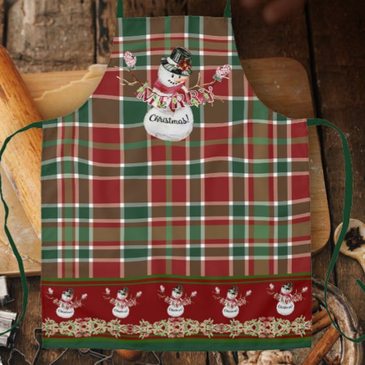 Tablier Joyeux Noël Snowman aquarelle plaid w Holly